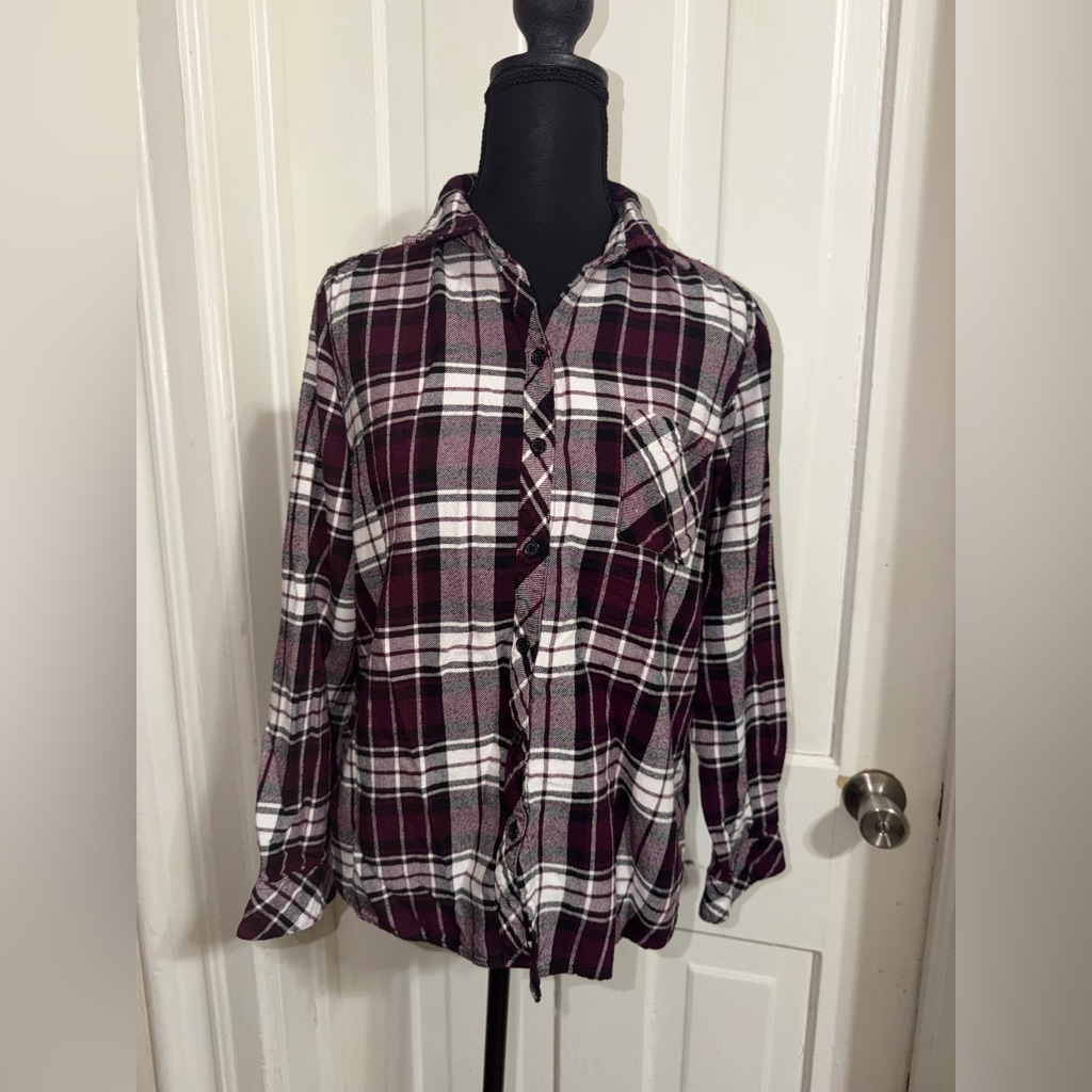 Women's Size Small Plaid Shirt - Black, White, And Burgundy, Shirt Top